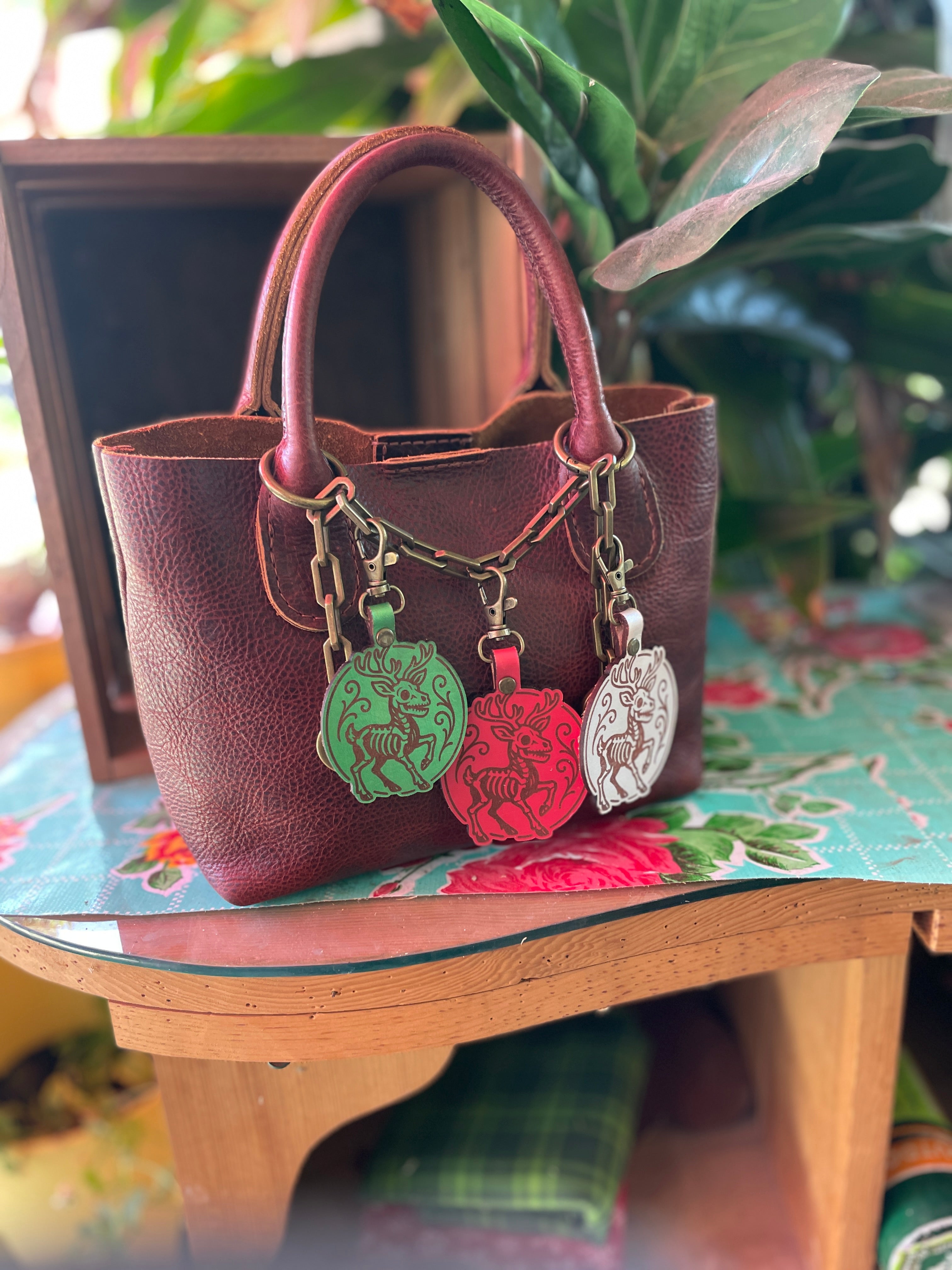 Skeletal Reindeer Leather Keychain