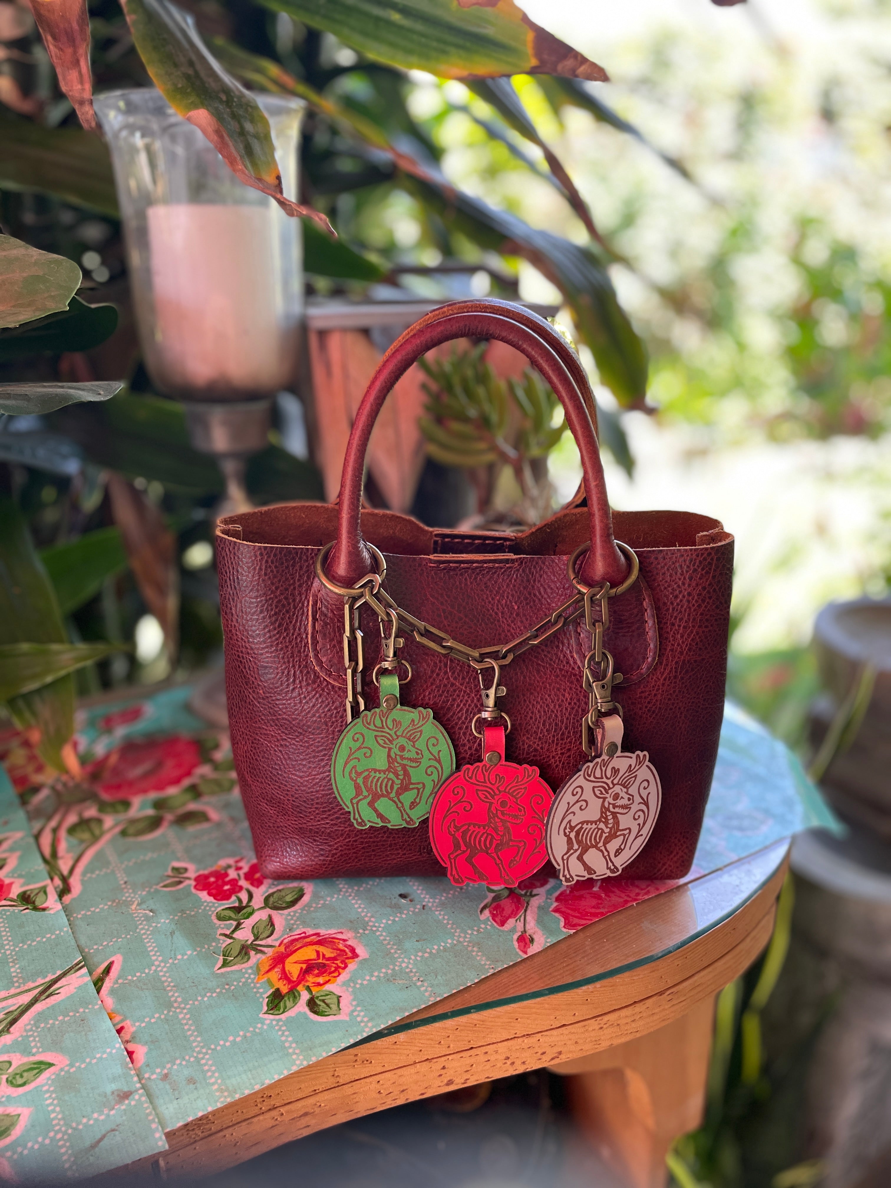 Skeletal Reindeer Leather Keychain