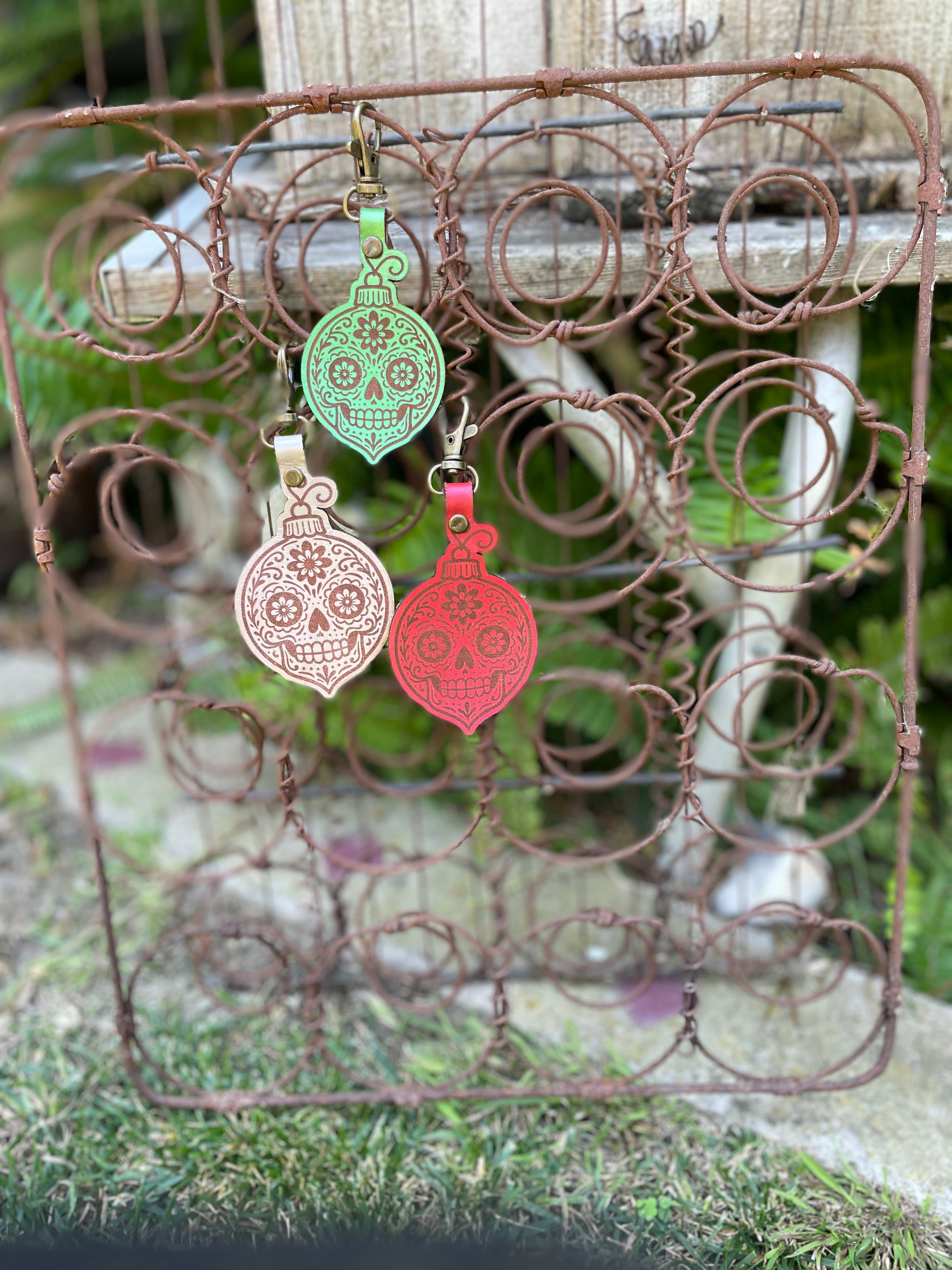 Sugar Skull Ornament Leather Keychain