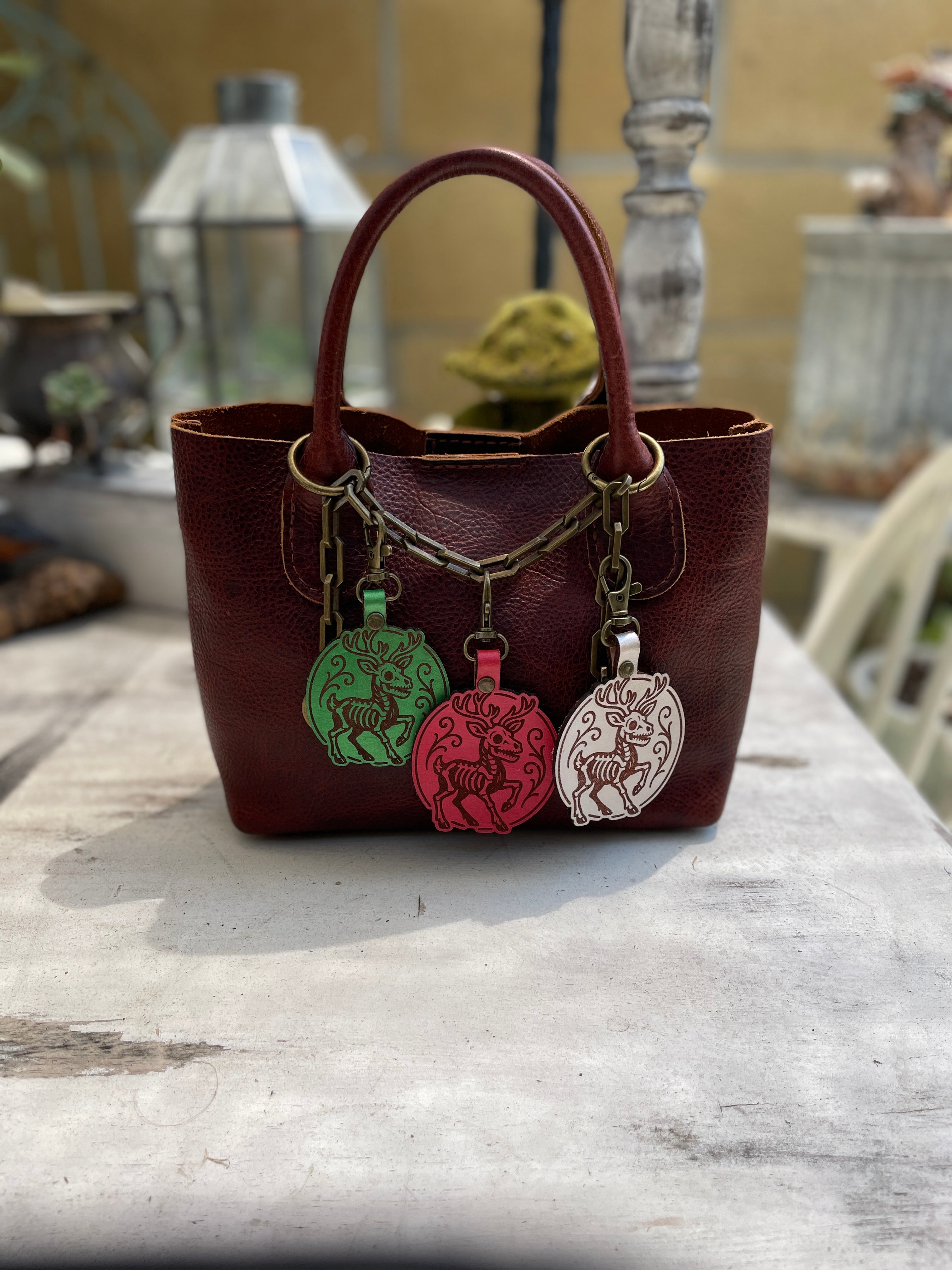 Skeletal Reindeer Leather Keychain