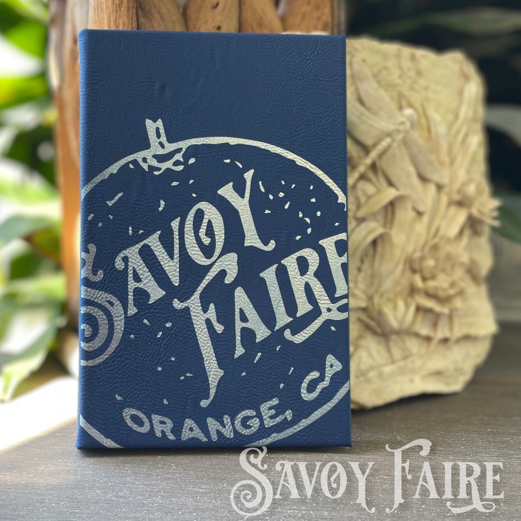 personalized leatherette journal in blue with custom laser etching