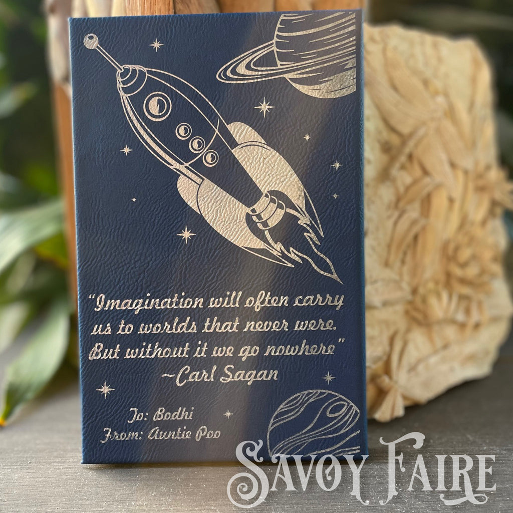 personalized leatherette journal in blue with custom laser etching